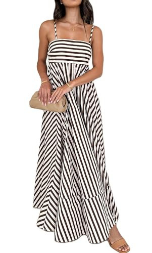 KMBANGI Women Striped Sleeveless Maxi Dress Swing Cutout Midi Dress Backless Smocked Spaghetti Strap Boho Flowy Long Sundress(Brown Stripes,S) | Amazon (US)