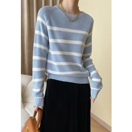 Versatile Round Neck Striped Knit Sweater in Blue | Chicwish