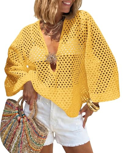 Saodimallsu Womens Crochet Beach Cover Up Top Summer 3/4 Sleeve Boho Oversized Mesh Knit V Neck S... | Amazon (US)