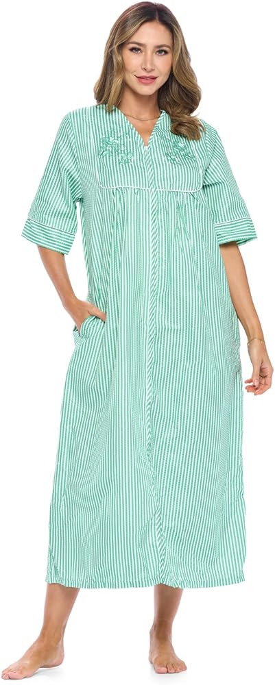 Casual Nights Women's Zip Front Woven House Dress | 3/4 Sleeves Housecoat Long Duster Lounger | Amazon (US)