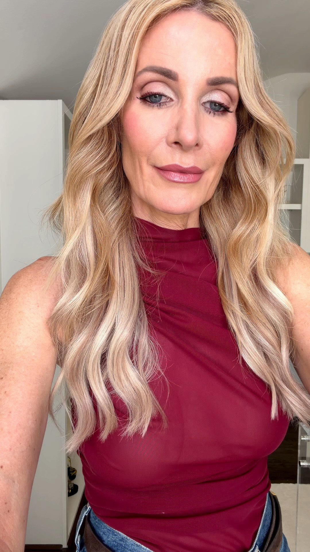 Easy date night outfit idea for fall: a stunning burgundy top that’s ON SALE paired with leg-lengthening wide-leg jeans! Add heels, a sleek belt, and a coordinating bag for an effortlessly chic finish. I’m wearing an XS in the top and a size 24 in the jeans. #DateNightStyle #FallOutfit

#LTKgrwm #LTKdayinmylife #LTKootd
