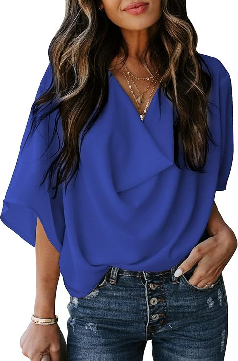 Dokotoo Womens 3/4 Sleeve V Neck Wrap Draped Front Blouses Tops | Amazon (US)