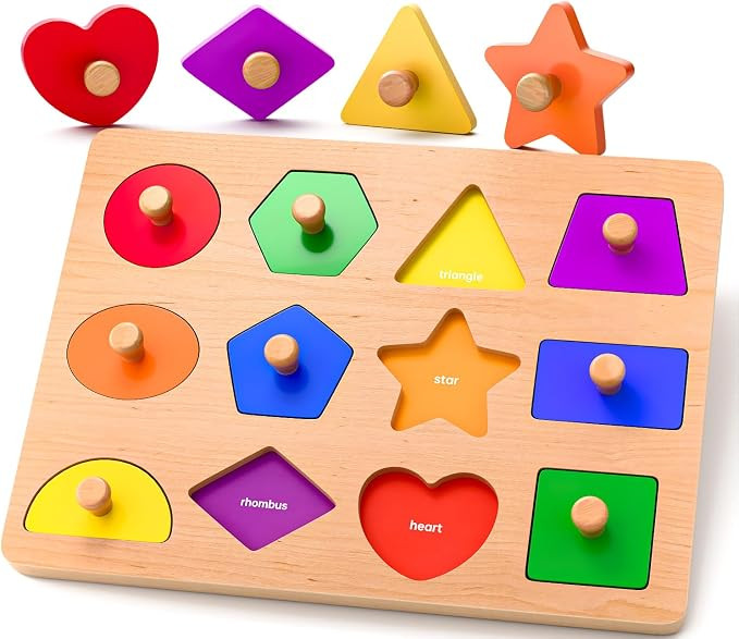 Wooden Shape Peg Puzzles for Toddlers 1 2 3 Year Old Boys Girls Gifts: Shape Sorter & Color Match... | Amazon (US)