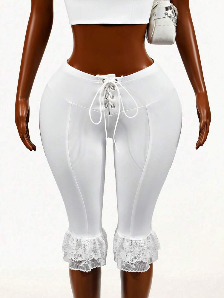 Mistrie Sweet & Cool White Lace-Trim Low-Waist Skinny 7/8 Pants For Women, Double-Layer Lace Hem Design, Punk Rock Metal Decor, Drawstring, Slim Fit, Stretchy, Casual, Blogger Style, Retro Palace Style, Resort Style | SHEIN