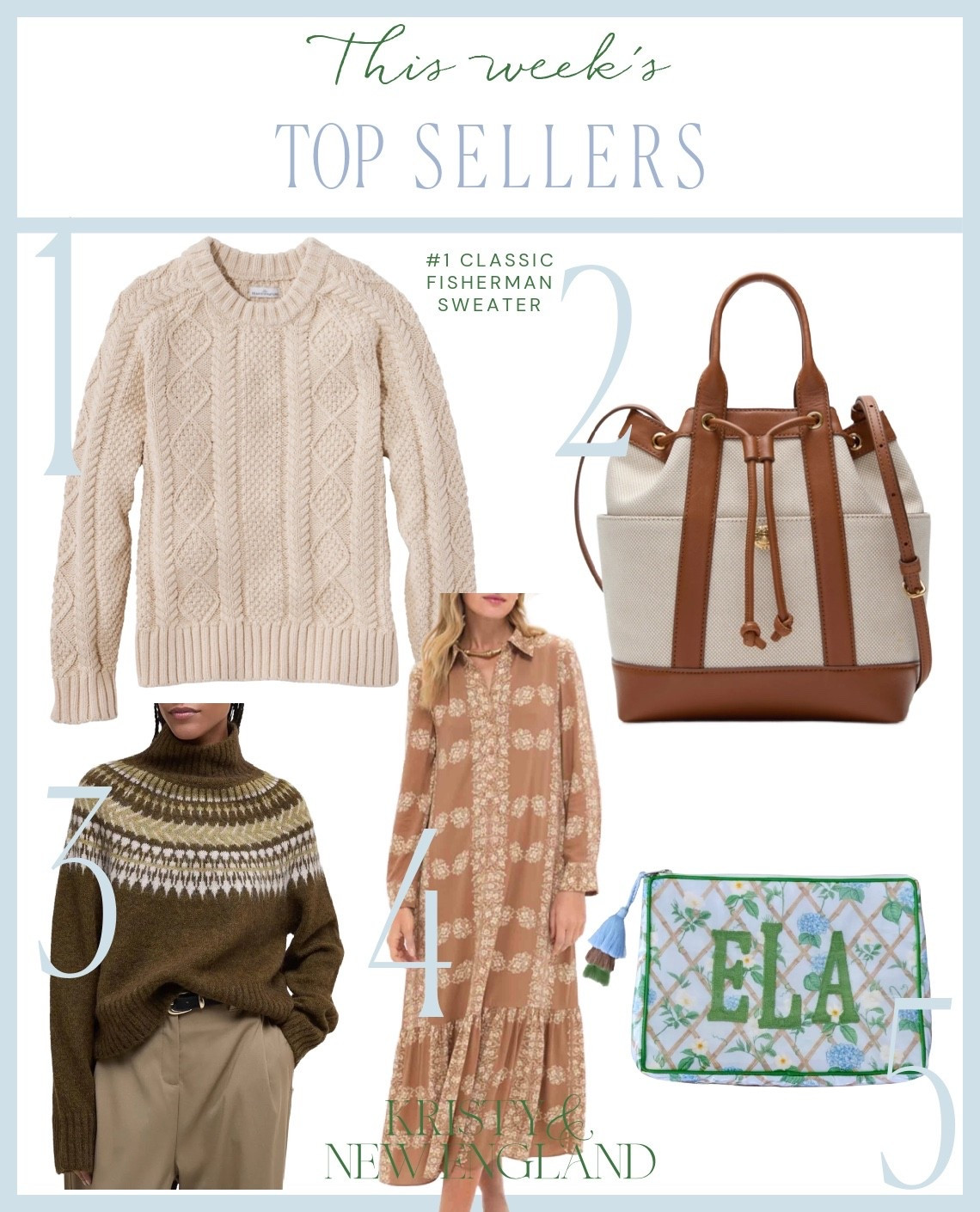 Top Sellers of the Week #1 Classic Fisherman Sweater #2 Canvas & Leather Bucket Tote Bag #3 Brown Fair Isle Sweater #4 Beige Print Maxi Dress #5 Nantucket Vinyl Coated Travel Bag

#LTKOver40 #LTKItBag #LTKTravel