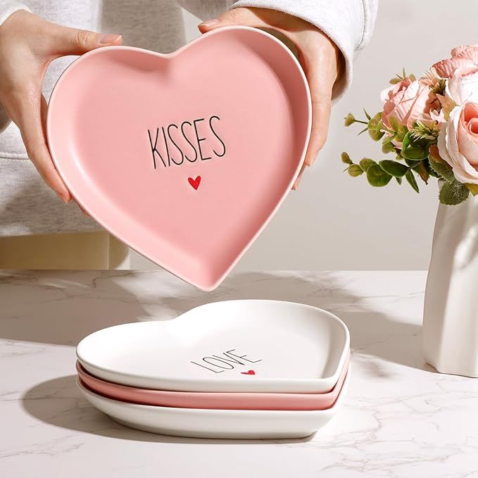 Treory Heart Plates Valentines Day Decor: 4pcs Pink & White Heart Shaped Ceramic Dessert Plates P... | Amazon (US)