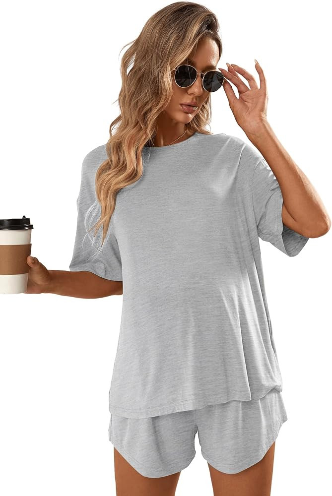 OYOANGLE Women's Maternity 2 Pieces Pajamas Outfits Loose Short Sleeve T-shirt Top and Shorts Lou... | Amazon (US)