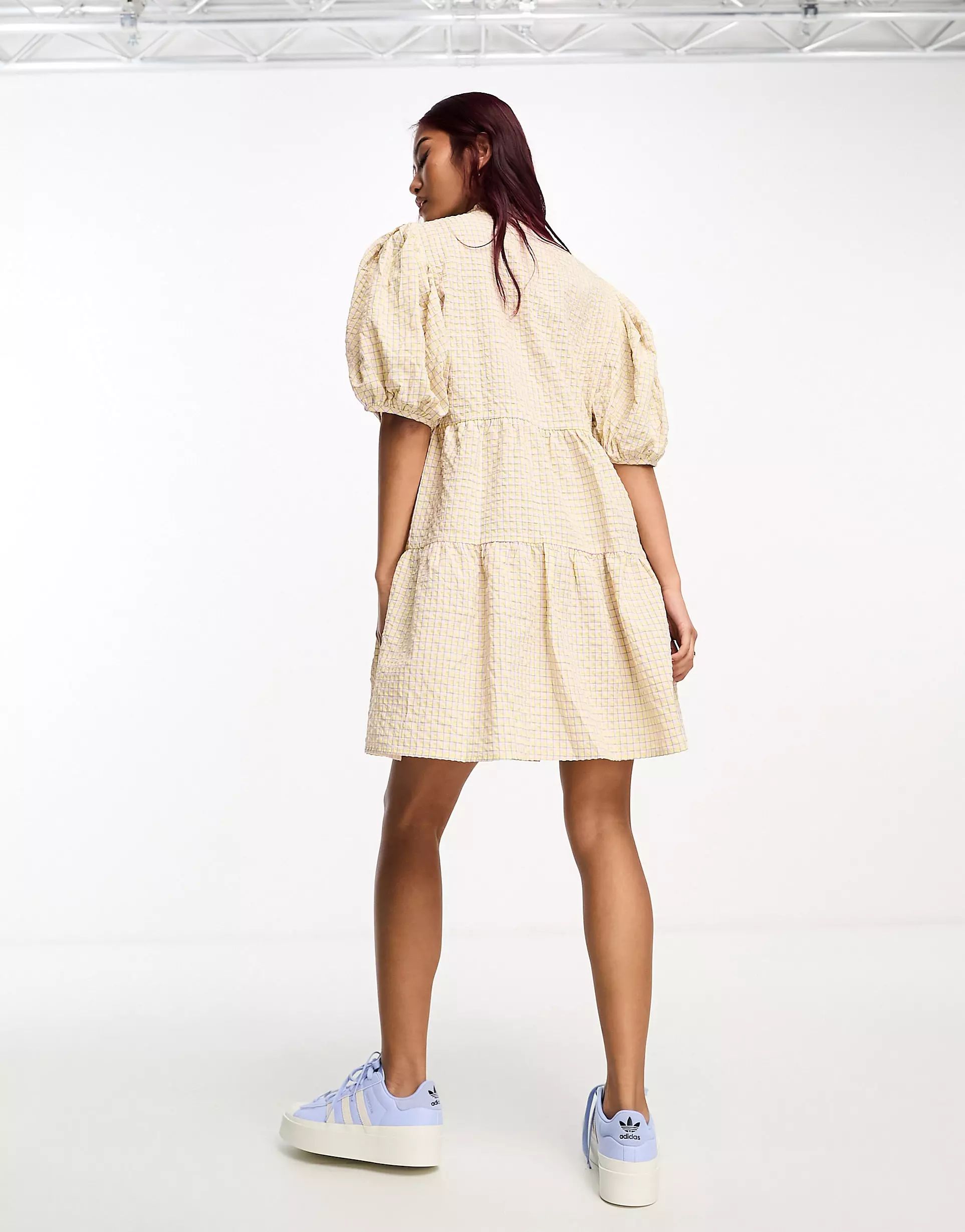 Pieces tiered mini dress with tie detail in white & cream gingham | ASOS (Global)