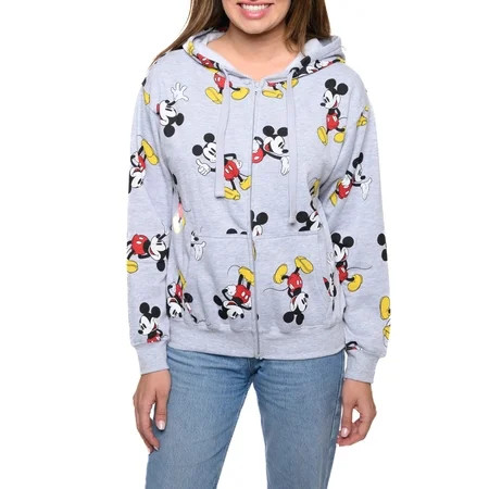 Women s Disney Mickey Mouse Hoodie All-Over Sweatshirt Zippered Heather Gray | Walmart (US)