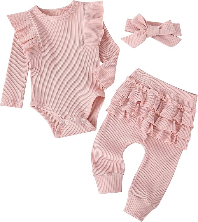 Fullfamous Baby Girl's 3pc Rib Frill Long Sleeve Romper and Pant Set | Amazon (US)