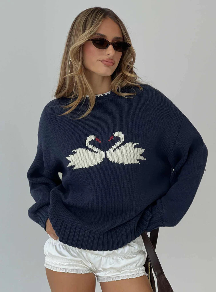 Swan Lake Love Knit Sweater Navy | Princess Polly US