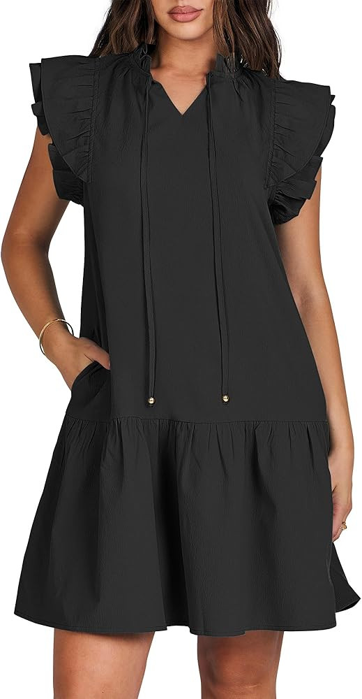 ANRABESS Womens Summer V-Neck Drawstring Ruffle Cap Short Sleeve Casual Shift Mini Dress with Poc... | Amazon (US)