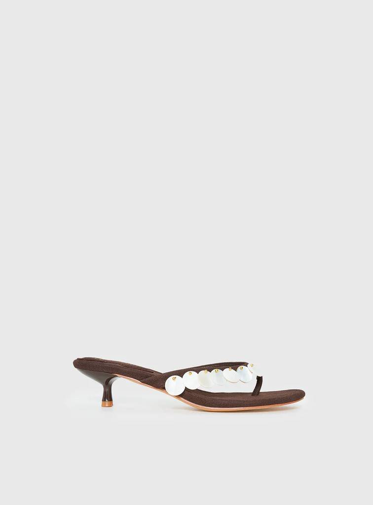 Ginnia Shell Detail Thong Heels Chocolate | Princess Polly US