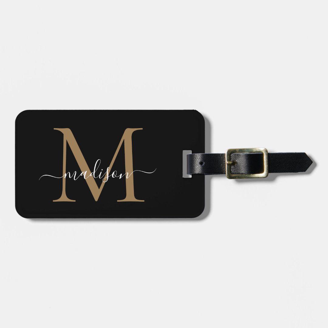 Elegant Black Gold Monogram Script Name Stylish Luggage Tag | Zazzle | Zazzle