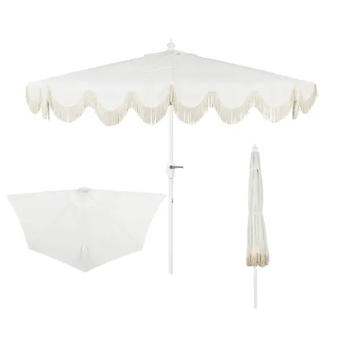JONATHAN Y Beverly 9 ft. Designer Classic Scalloped Fringe Half Market Patio Umbrella with Crank, Push Button Tilt and UV Protection in Cream/white | Nordstrom