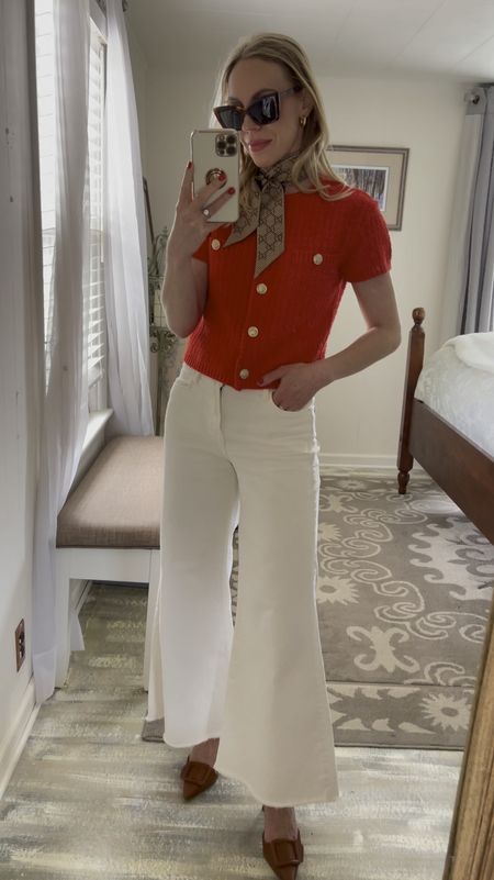 Red cardigan sweater, gold button cardigan, white jeans, cropped denim, Gucci silk scarf, slingback pumps, spring work wear 

#LTKVideo #LTKworkwear #LTKover40