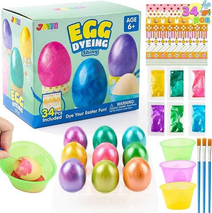 JOYIN 34 PCS Easter Shiny Egg Dye Decoration DIY Kit Multicolor Liquid Dyes with Brushes, DIY Egg... | Amazon (US)