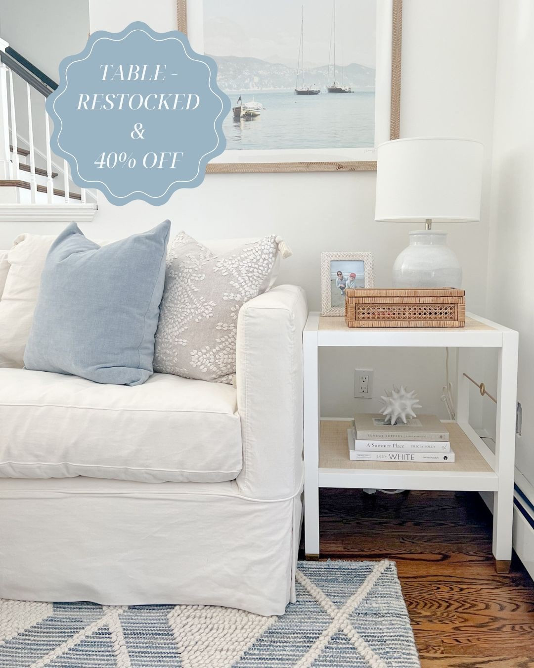 My side table has been restocked after nine months & it's currently more than 40% off! My rug & pillow covers are on sale as well!
- 
Coastal home decor, coastal living room, neutral living room, beach house style, beach house living room, coastal interiors, coastal side table, coastal end table, living room side table, living room end table, white side table, white end table, Serena & Lily side table, coastal rug, living room rug, Ryder rug, Serena & Lily rugs, blue rugs, blue & white rugs, living room carpet, blue pillow cover, pillow styling, white urchin, decorative objects, slipcovered sofa, white sofa, white couch, coastal photo frame, side table styling, weaved photo frame, rattan boxes, Amazon decorative boxes, side table decor, coastal lighting, blue lamps, coastal table lamp, hill view pillow cover, Ryder denim rug, Cabot side table, coastal artwork, beach artwork, living room artwork, Amazon coffee table books, coastal coffee table books, square end table, living room furniture

#LTKHome #LTKSaleAlert