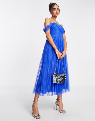 ASOS DESIGN off shoulder tulle midi dress with tie back and pleated skirt in cobalt | ASOS (Global)