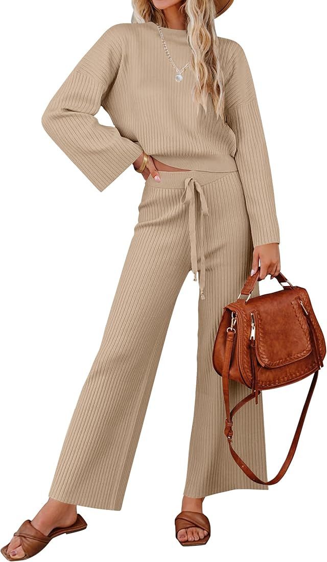 ZESICA Women's 2 Piece Outfits Set Casual Long Sleeve Knit Pullover Top and Wide Leg Pants Sweats... | Amazon (US)