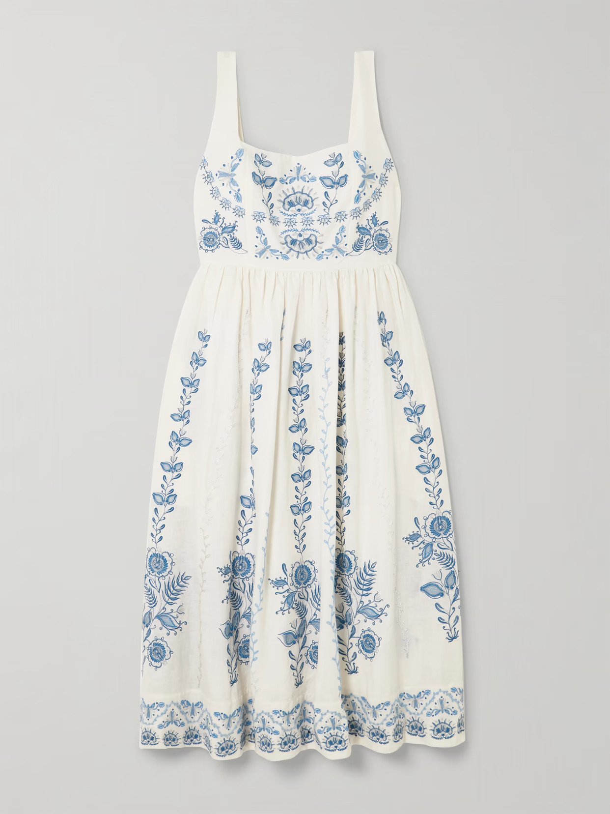 Agua by Agua Bendita - Miramar Floritura Gathered Embroidered Linen Midi Dress - White | NET-A-PORTER (US)