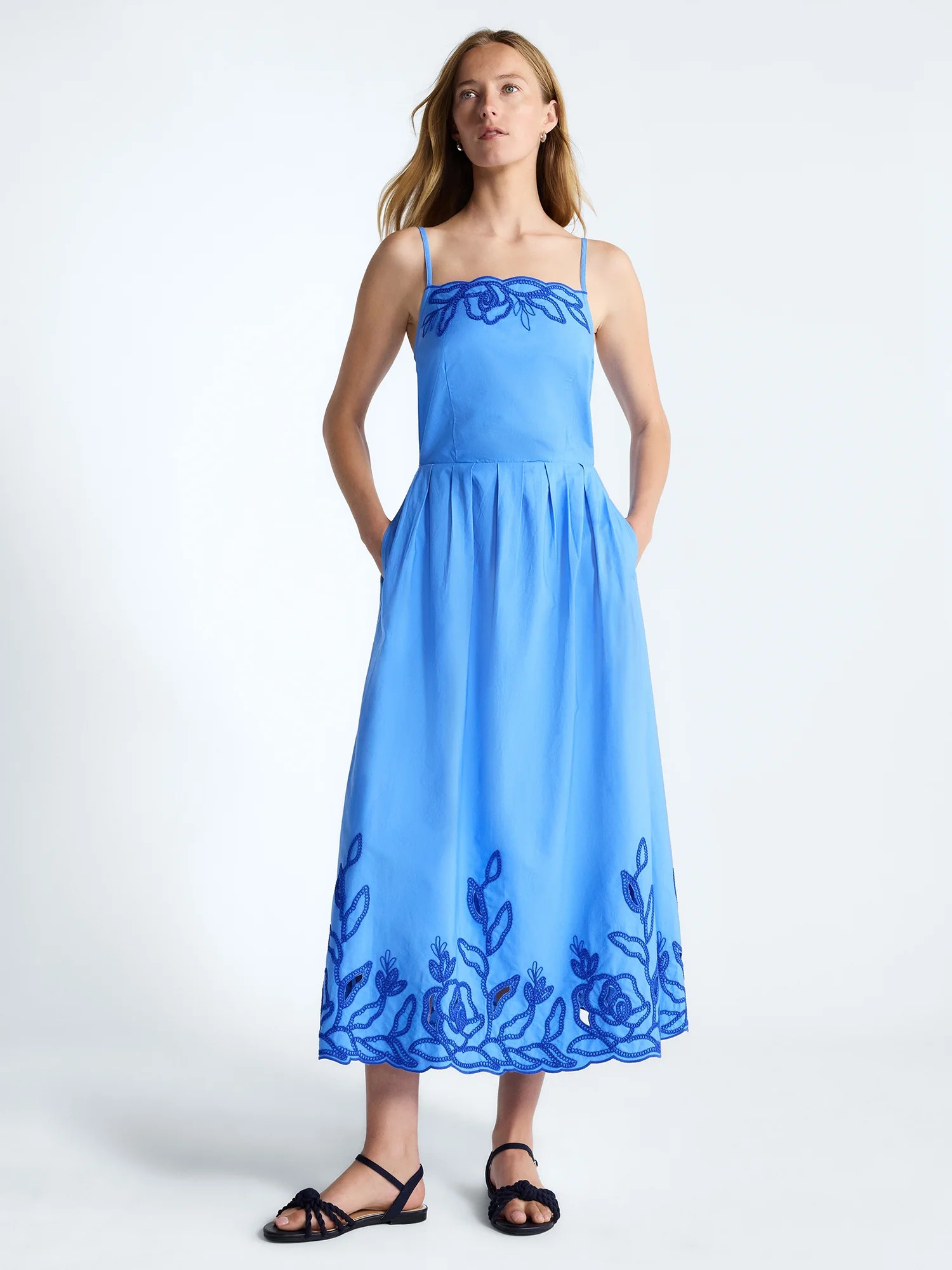 Free Assembly Women's and Women's Plus Embroidered Cotton Midi Dress, Sizes XS-4X | Walmart (US)