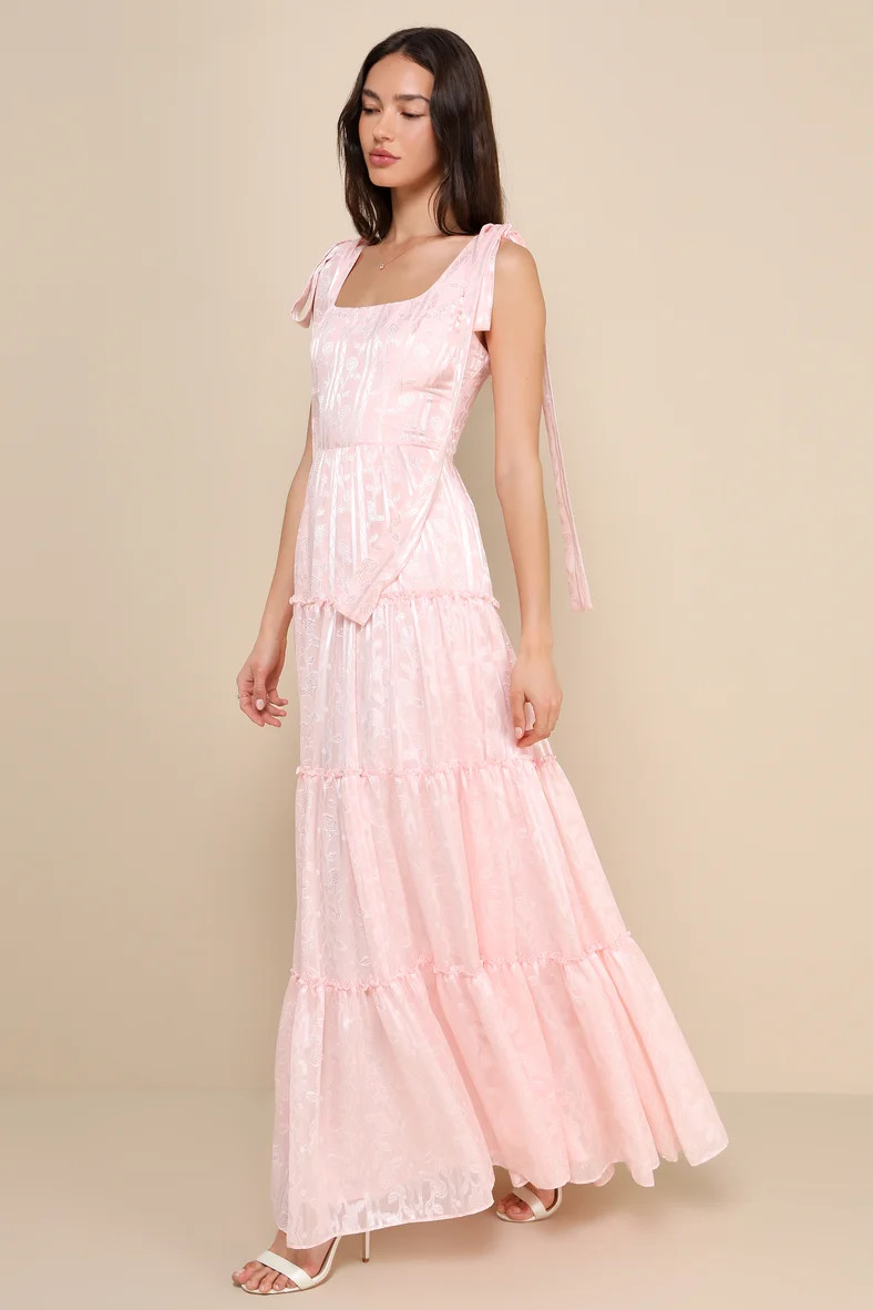 Picturesque Allure Blush Pink Jacquard Tie-Strap Maxi Dress | Lulus