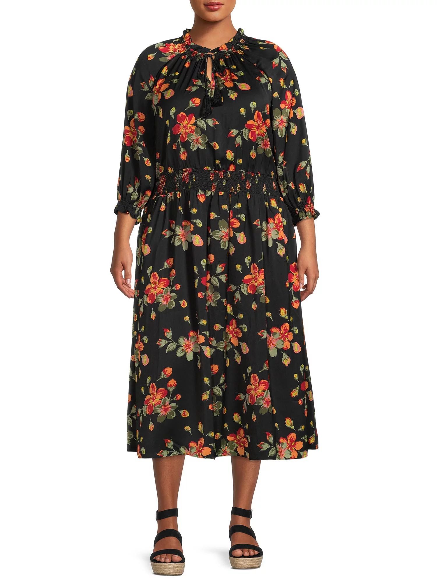 Terra & Sky Women's Plus Size Peasant Midi Dress | Walmart (US)