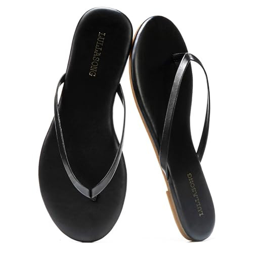 LULLASONG Black Flip Flops For Women Comfortable Round Toe Beach Sandals Thong Strap Slides Slip On Dressy Flats Sandals For Women | Amazon (US)