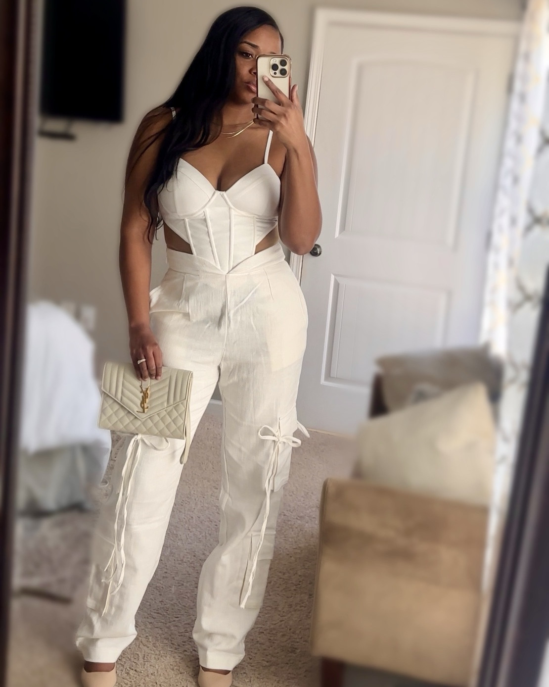 White Linen Brunch Spring Outfit 

Corset, mesh, cargo pants, sling back kitten heels, ysl wristlet pouch 

#LTKStyleTip #LTKShoeCrush #LTKItBag