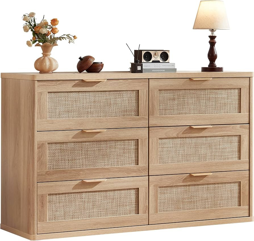 LEYAOYAO Rattan 6 Drawer Dresser for Bedroom, Boho 48" Wide Natural Wood Dresser Chest of Drawers... | Amazon (US)