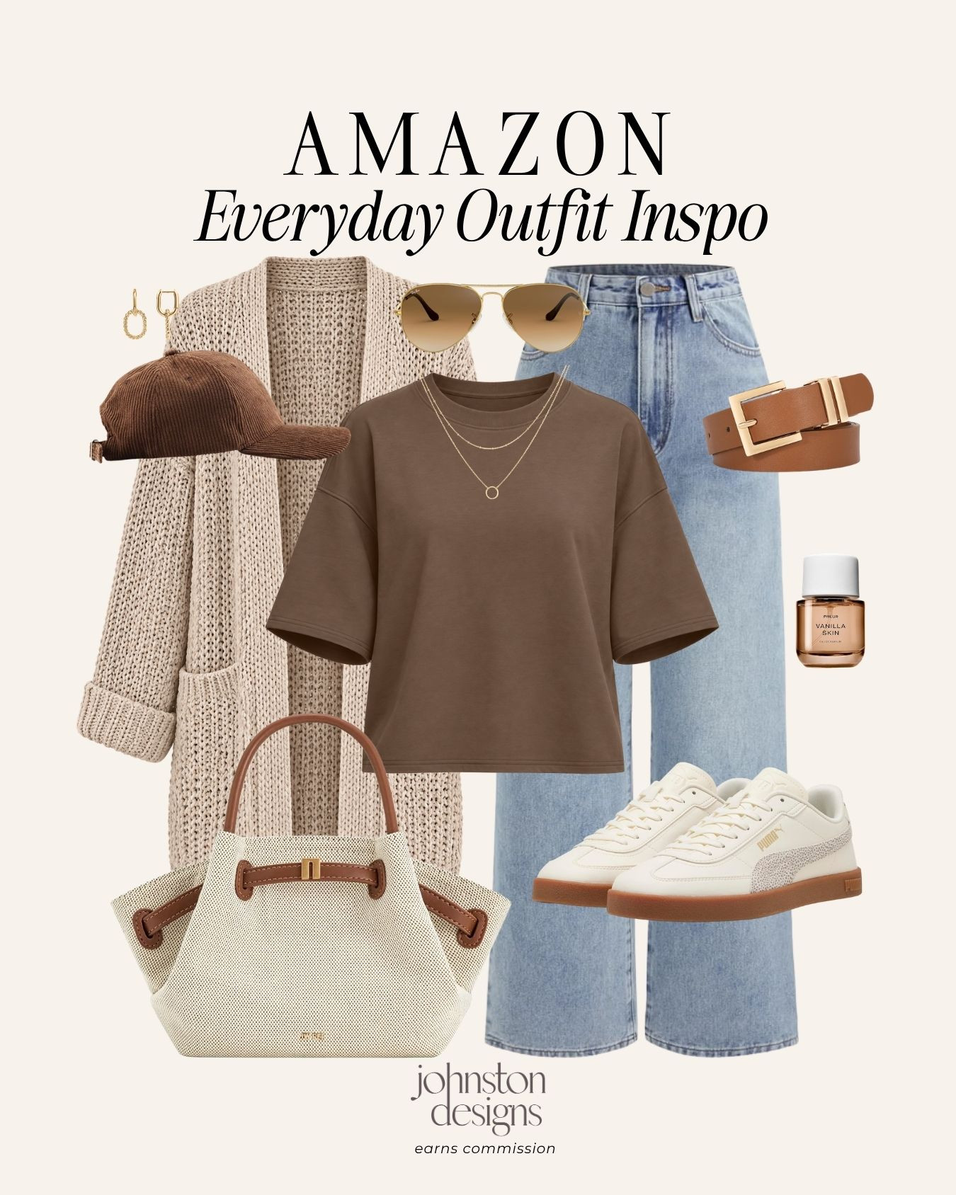 An easy everyday outfit with all the cozy fall neutrals. 🤎 Pair a brown tee and wide-leg jeans with a chunky cardigan, cream sneakers, and a canvas tote for coffee runs, errands, and casual weekends. Add gold jewelry and a corduroy cap to finish the look.

#amazonfashion #amazonfinds #everydayoutfit #falloutfitinspo #casualstyle #neutralstyle #widelegjeans #cozycardigan #sneakeroutfit #fallwardrobe 

 #LTKootd