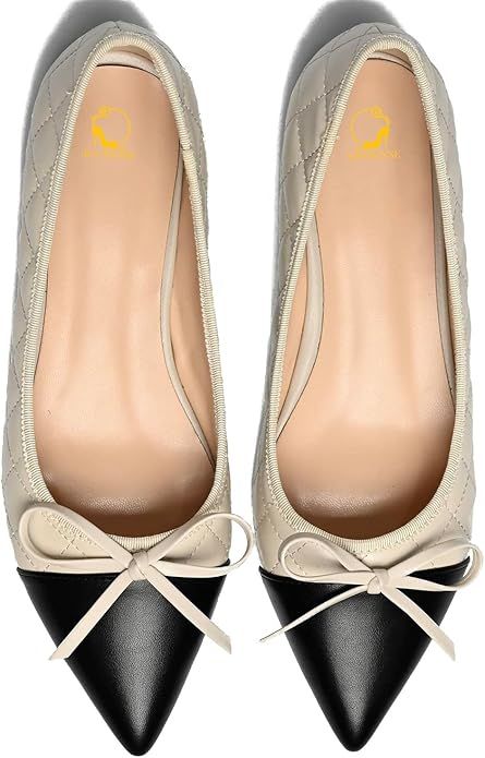 Cap Toe Bow Flats Slip On Pointed Toe Flat Shoes Comfortable Quilted Ballet Flats Pointy Two Tone... | Amazon (US)