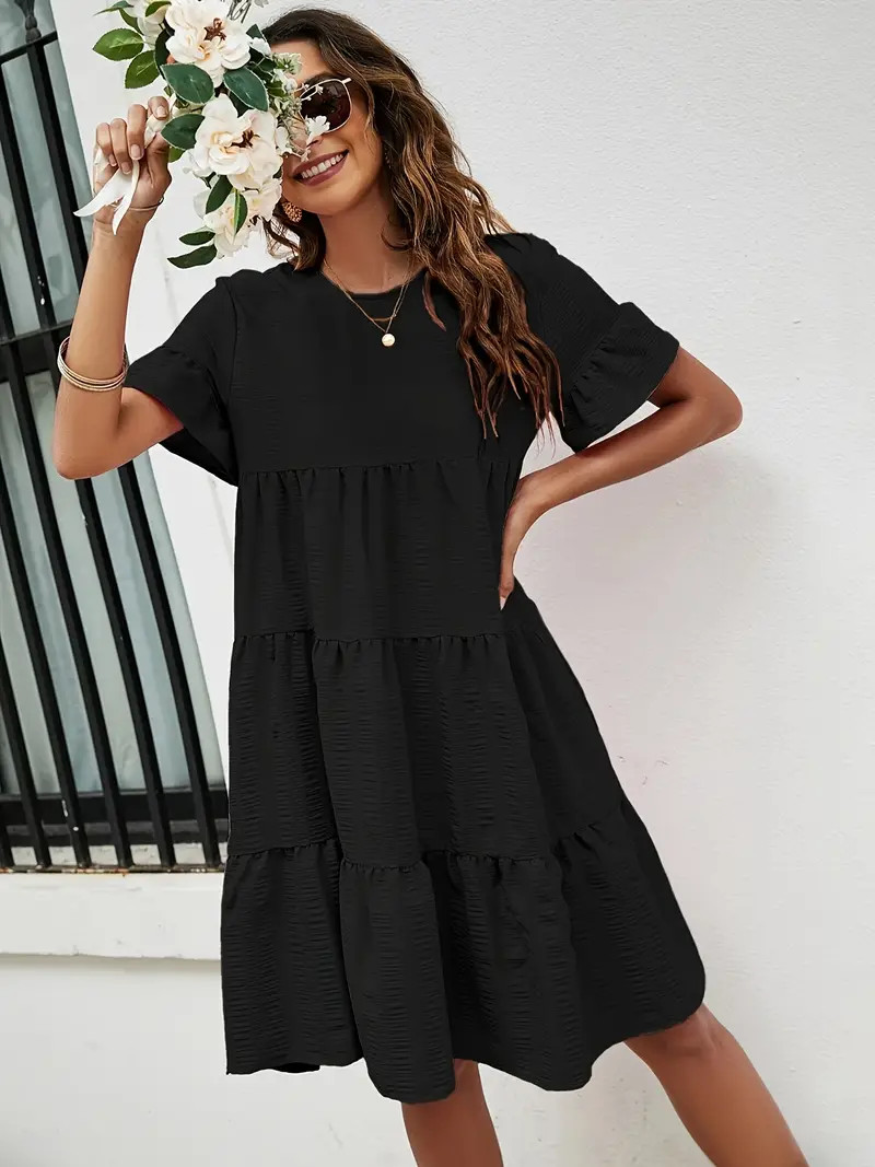 Ruched Keyhole Dress Casual Solid Short Sleeve Tiered Dress - Temu | Temu Affiliate Program