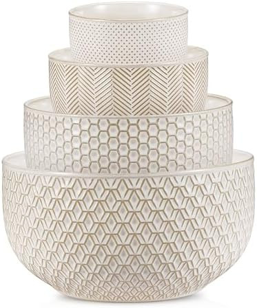 KooK Ceramic Mixing Bowls, Nesting Set of 4, Embossed Kitchen Dishware, Prep, Serving, Gift, Micr... | Amazon (US)