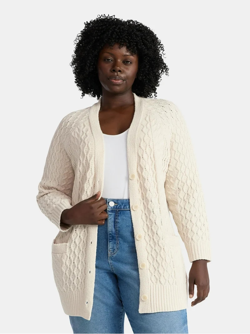 Terra & Sky Women’s Plus Chenille Boyfriend Cardigan Sweater, Midweight, Sizes 0X-4X | Walmart (US)