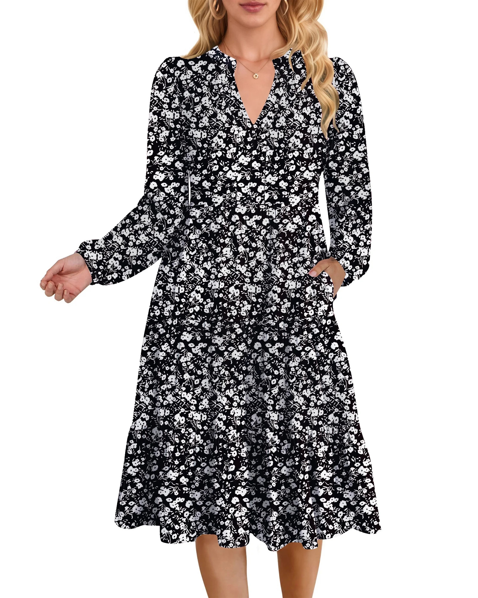 UVN Fall Dresses for Women Long Sleeve V Neck Midi Dress Casual Loose Flowy Swing Tiered Dress wi... | Walmart (US)