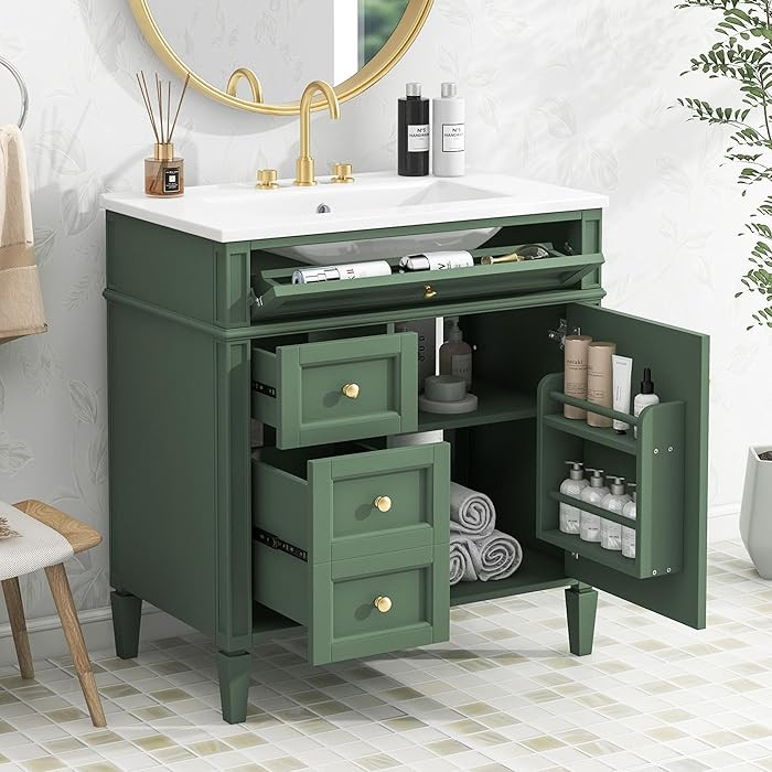 30" Bathroom Vanity with Sink Combo Set, Solid Wood Frame Modern Bathroom Storage Cabinet with 2 ... | Amazon (US)