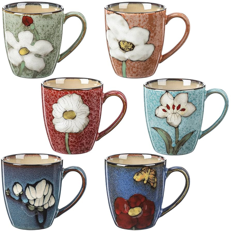 6 Pack 12oz Ceramic Coffee Mugs Sets Glazing Process Cappuccino Mug Floral Ceramic Tea Cups Birth... | Amazon (US)
