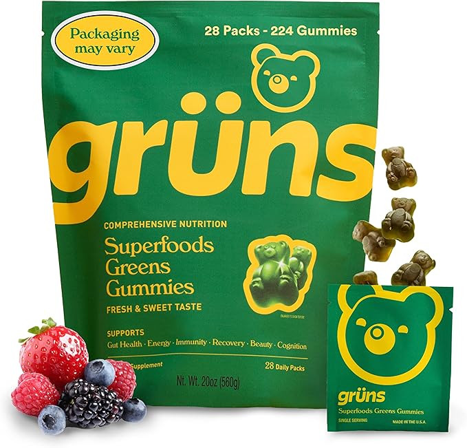 Gruns Adults Super Greens Gummies, Superfood Gummy Bears with Spirulina, Chlorella, Prebiotics & ... | Amazon (US)