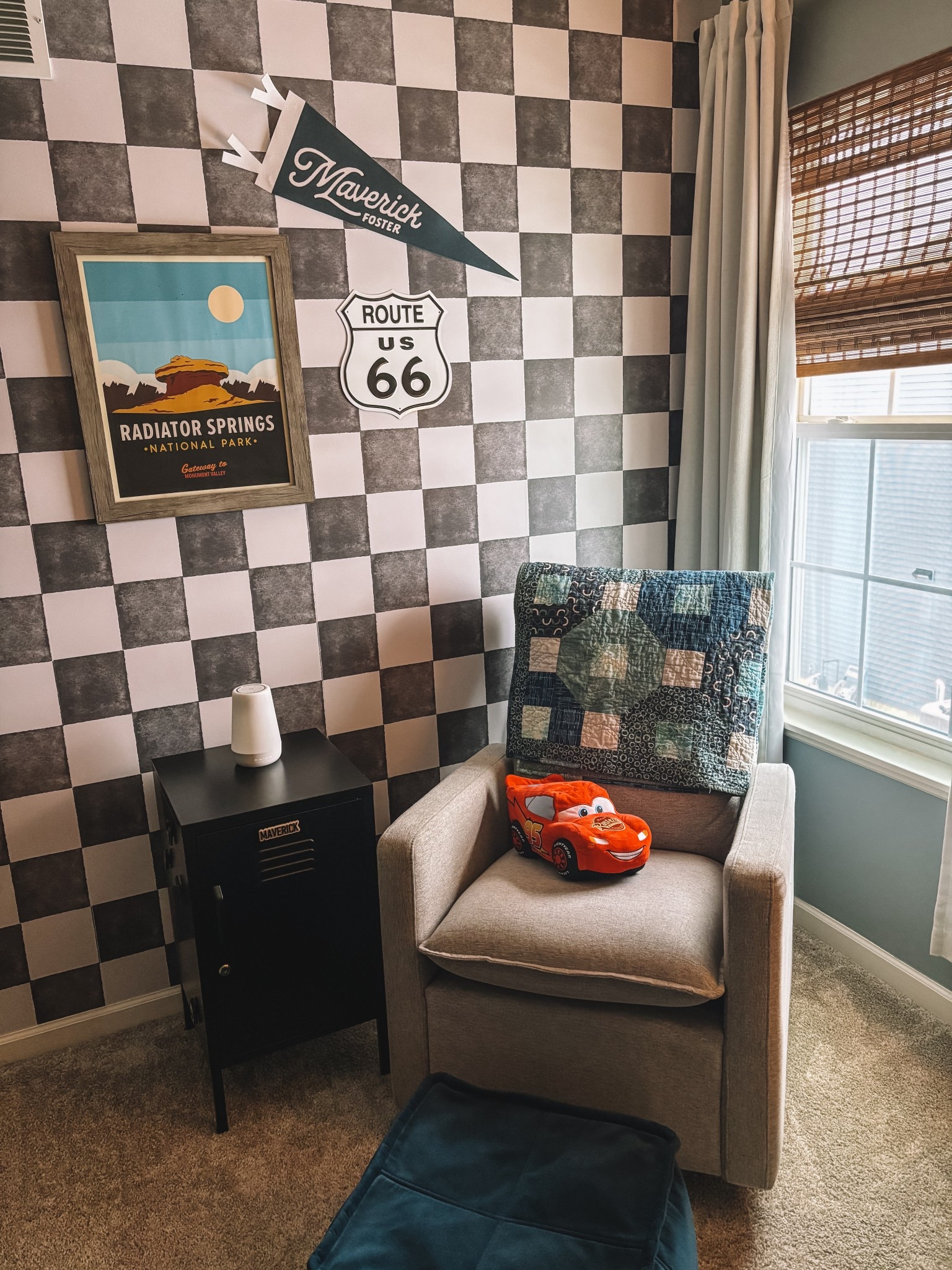 Boy room inspo. Checkered wallpaper. Cars bedroom  