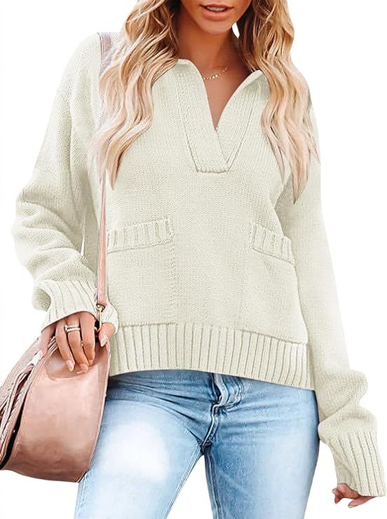 Caracilia Women's V Neck Long Sleeve Knit Sweater Casual Loose Collared Pullover Jumper Tops with... | Amazon (US)