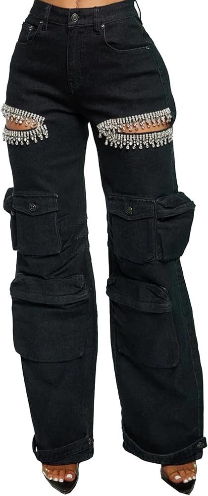 Geulis Women Baggy Ripped Jeans Rhinestone High Waisted Cargo Jeans Y2k Wide Leg Pants Streetwear | Amazon (US)