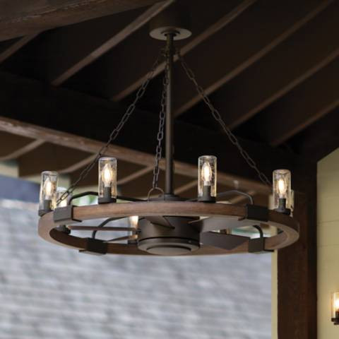 36" Sawyer Bronze Wet-Rated LED Fandelier Wagon Wheel Smart Fan | Lamps Plus