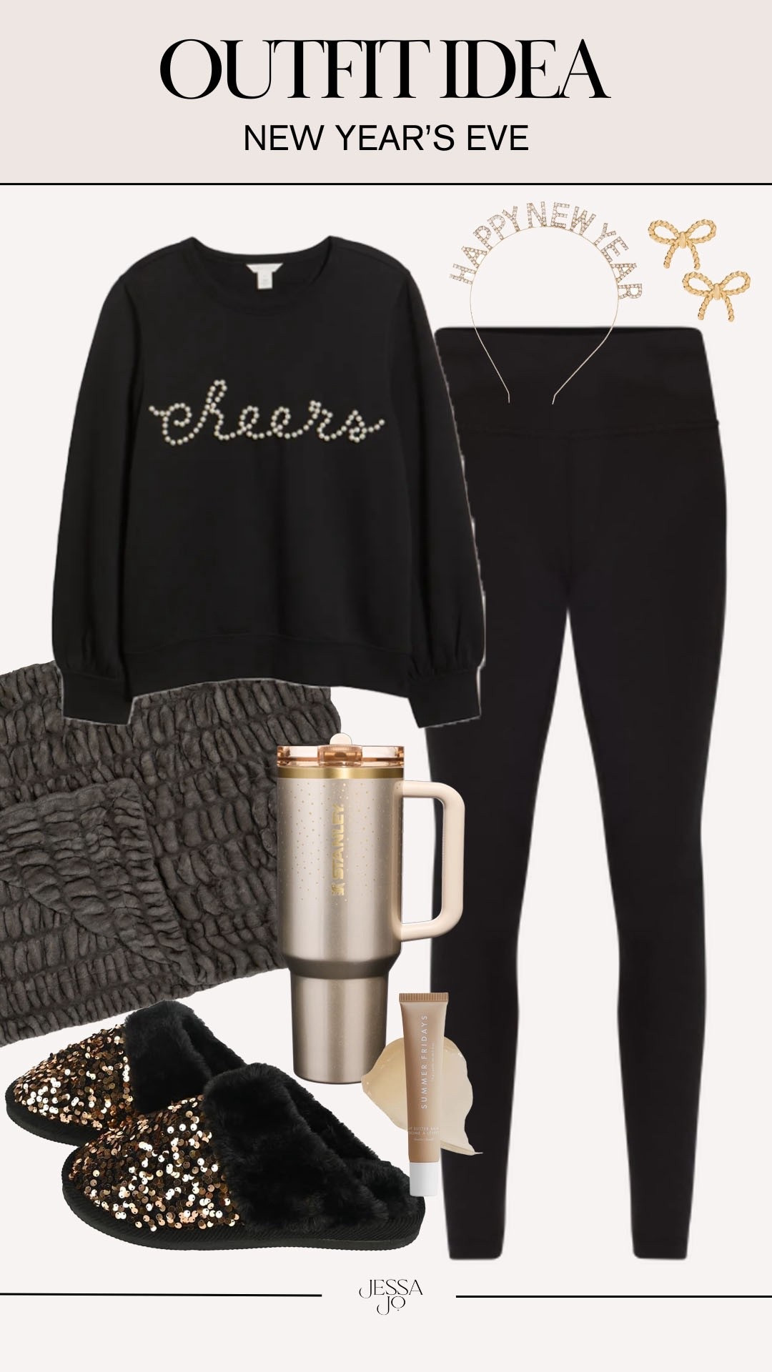 New Year’s Eve outfit idea. NYE outfit idea. Comfy NYE style. Cheers sweatshirt. Gold Stanley tumbler. Cozy New Year’s Eve outfit idea. 

#LTKSeasonal #LTKFindsUnder100 #LTKHoliday