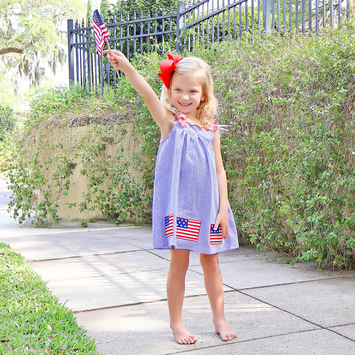 American Flag Embroidered Blue Gingham Tie Strap Dress | Classic Whimsy