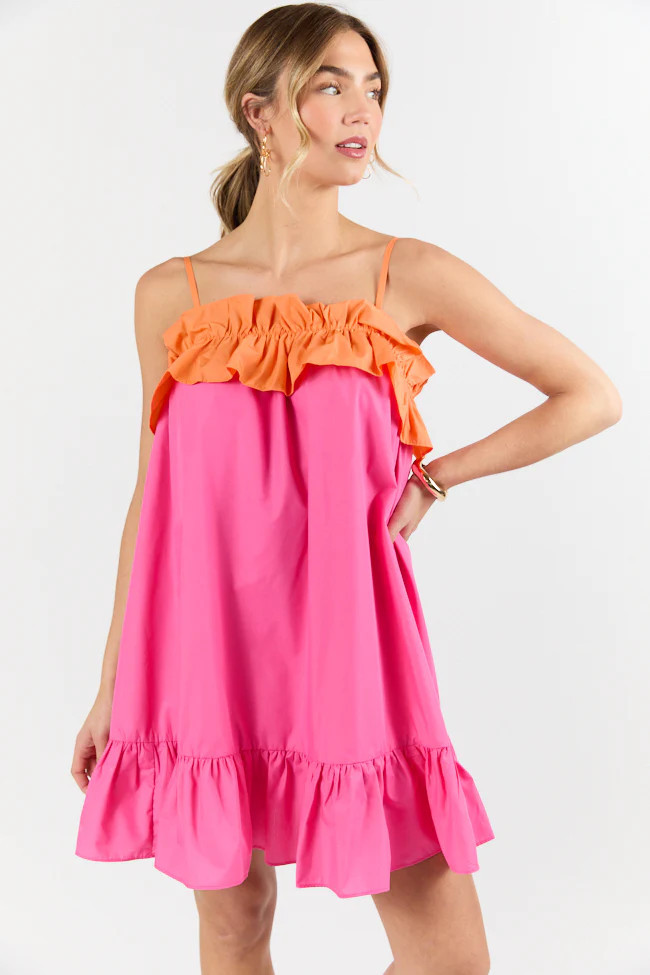 Quick Updates Pink and Orange Ruffle Detail Two Tone Mini Dress SALE | Pink Lily
