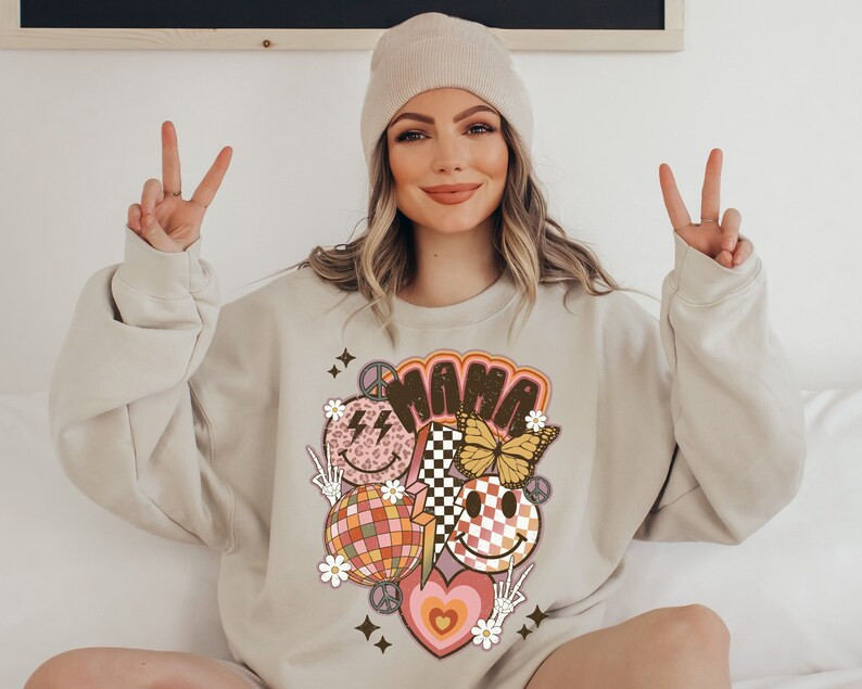 Retro Mama Sweatshirt, Mama Smiley Face Tee, Birthday Gifts For Mom, Mama Crewneck, Boho Mama, Mo... | Etsy (US)