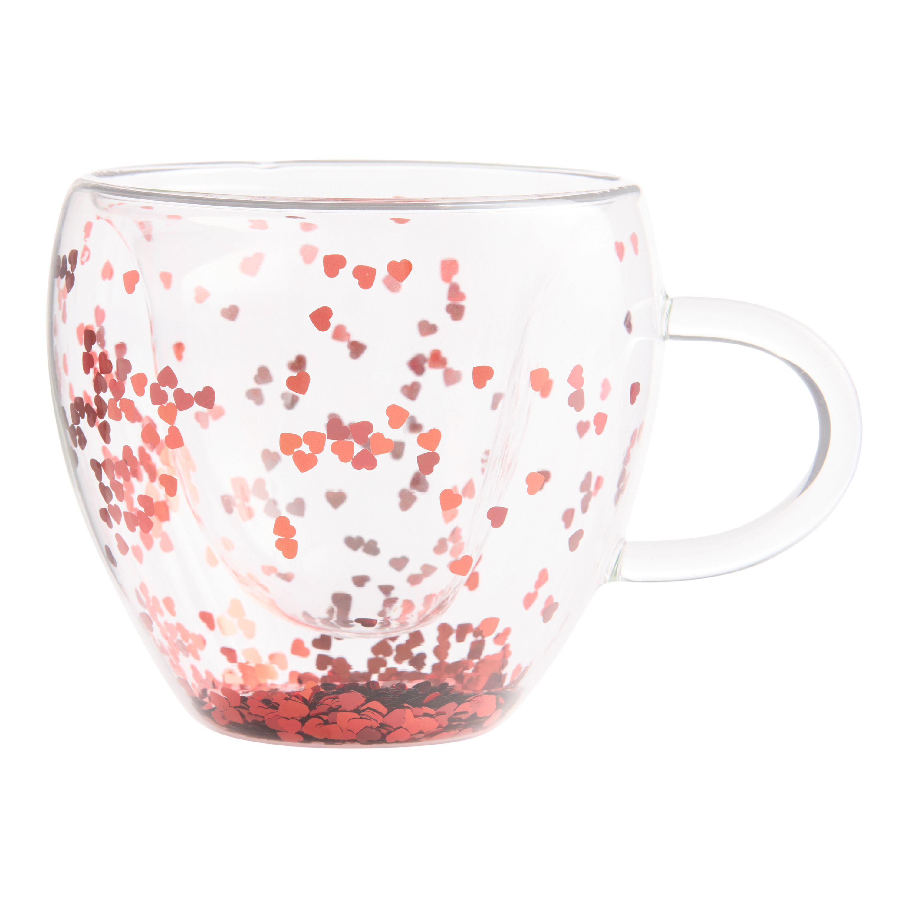 Red Glitter Heart Shaped Double Walled Glass Mug | World Market
