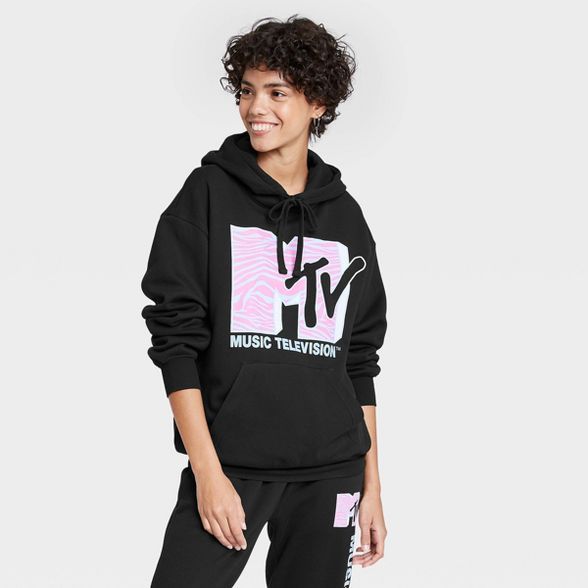 Women's MTV Pink Logo Hooded Graphic Sweatshirt - Black | Target